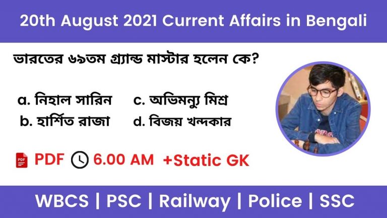 20th August 2021 Current Affairs In Bengali